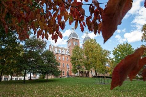 The front lawn of W&J's Old Main building during fall.