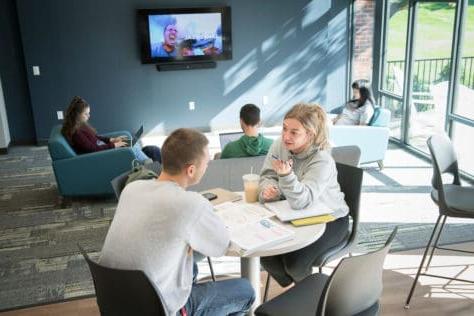 Students study and talk in the common area of a renovated Presidents Row residence hall as seen October 21, 2019 during the Creosote Affects photo shoot at Washington & Jefferson College.